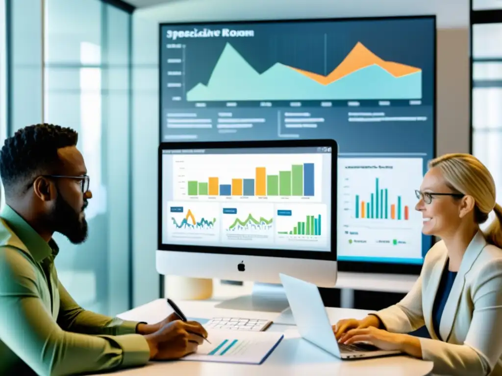 Colaboración en análisis de inversión en software especializado para ONGs, en un ambiente luminoso y reflexivo, con gráficos en la pantalla