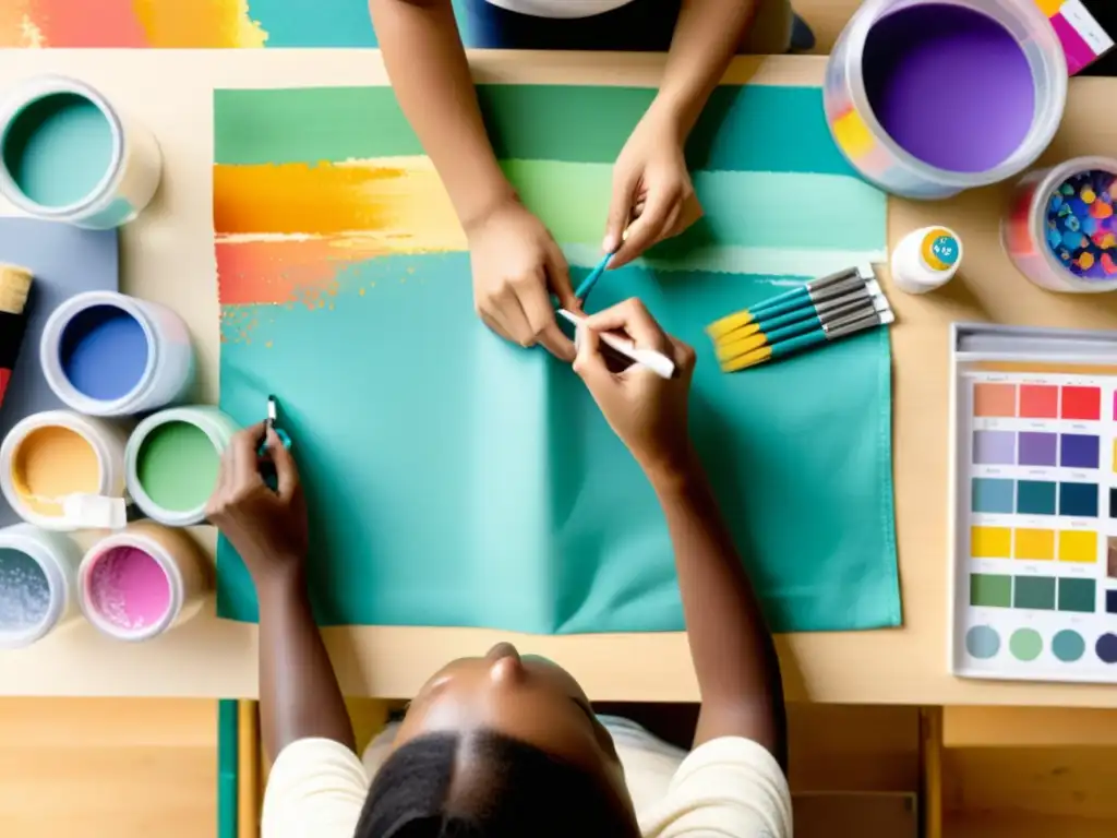 Artista personalizando un bolso con pinturas vibrantes para fundación, mostrando concentración y meticulosidad en cada trazo