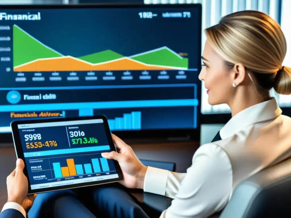 Un asesor financiero presenta propuestas personalizadas a un cliente en una oficina moderna