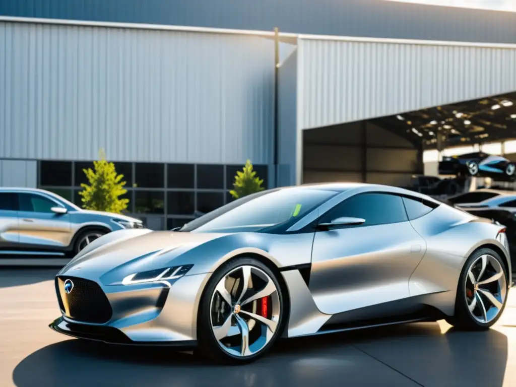 Automóvil plateado con personalización propuestas patrocinio industrias, frente a fábrica de autos, trabajadores ensamblan vehículos