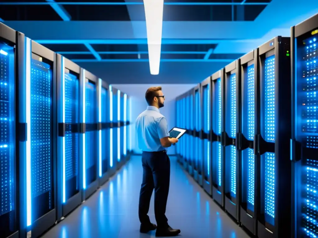 Centro de datos seguro: organización meticulosa y protección futurista Un centro de datos seguro con servidores organizados y técnicos vigilando, iluminado por una luz azul, evocando confiabilidad y protección
