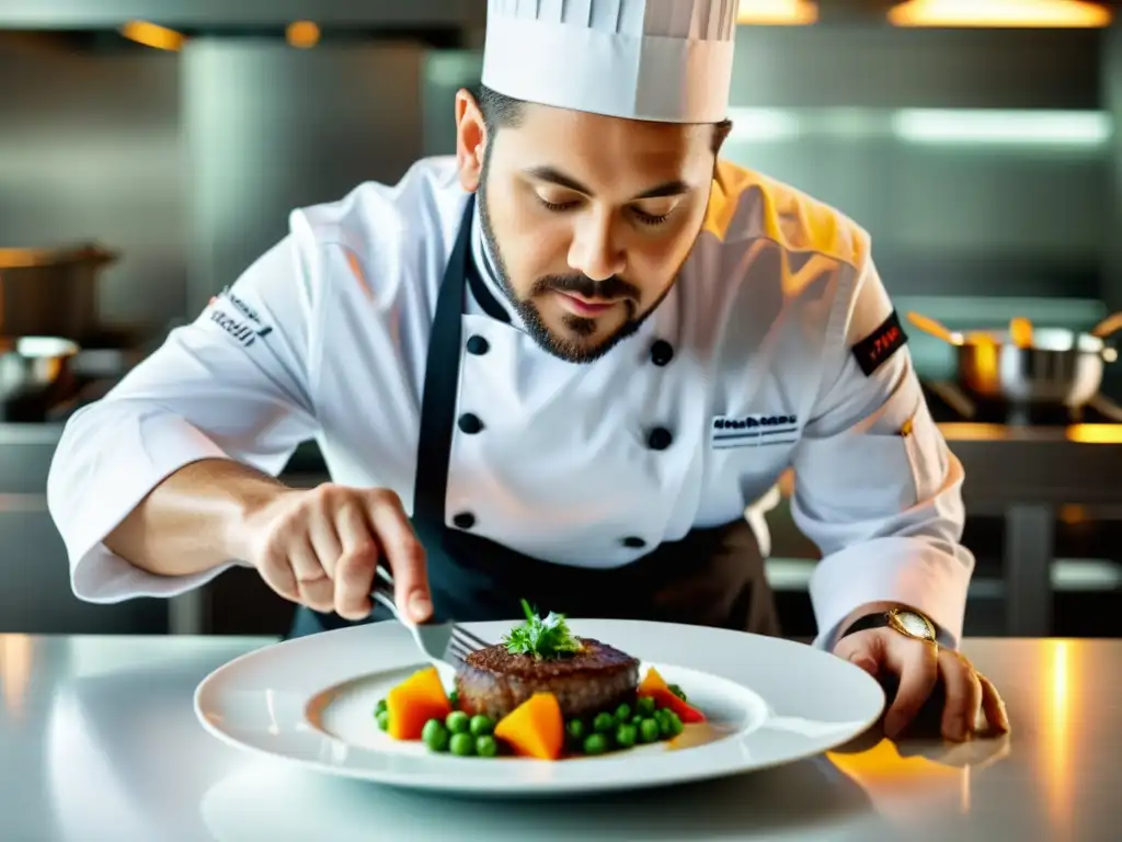 Un chef prepara con precisión un plato gourmet en una cocina moderna, iluminada