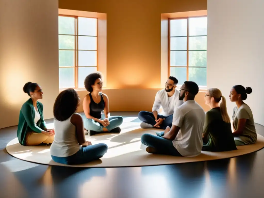 Mediación intercultural en fundación: autenticidad y empatía Un círculo de mediación intercultural en fundaciones, donde la diversidad y la empatía se entrelazan en una atmósfera cálida y auténtica