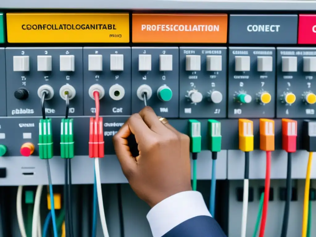 Integración Tecnológica en ONG: Colaboración Profesional Colaboración de manos diversas integrando cables en panel de control de ONGs, en ambiente tecnológico de oficina