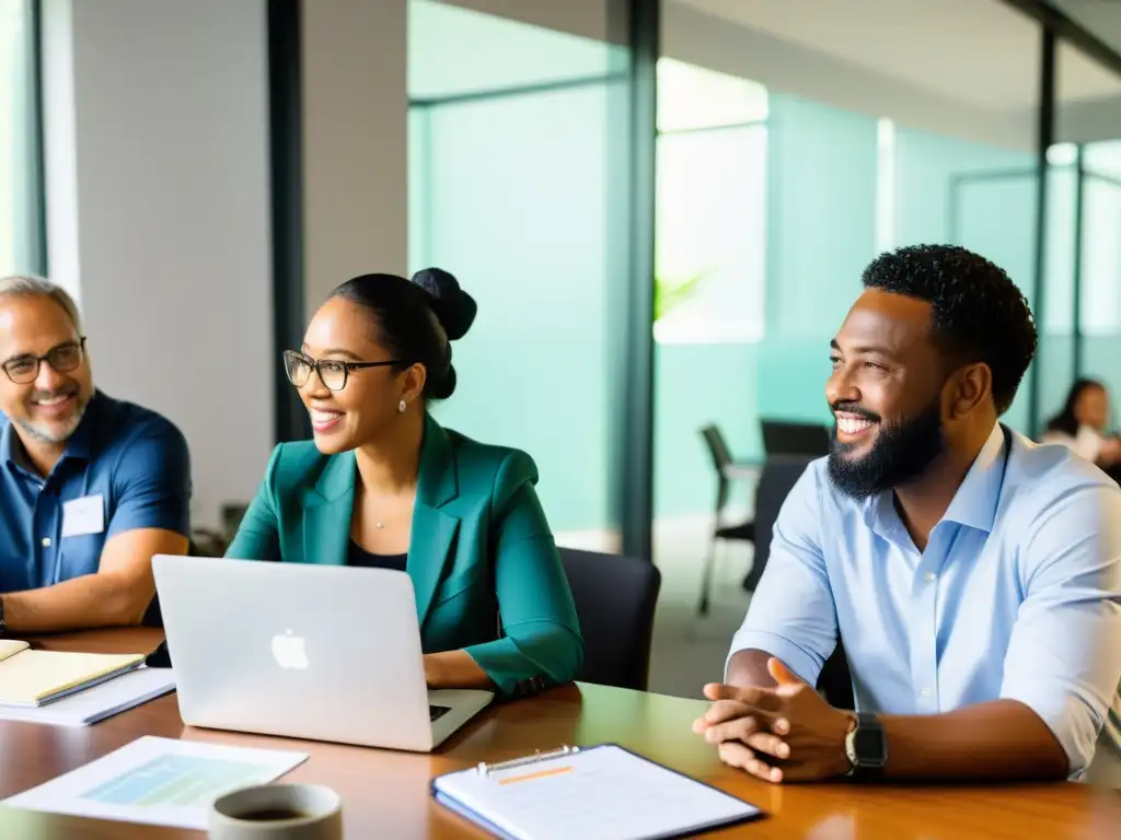 Consultores y ONG colaboran en reunión dinámica Consultoría para ONGs especializada: Consultores colaborativos y dedicados discuten ideas con representantes de una organización sin fines de lucro en una sala llena de luz natural