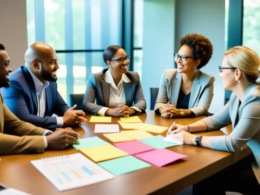 Consultores colaboran con equipo directivo en estrategia para ONG Consultoría para ONGs especializada: Equipo diverso de consultores colaborando con líderes de una organización sin fines de lucro, creando un ambiente dinámico y profesional