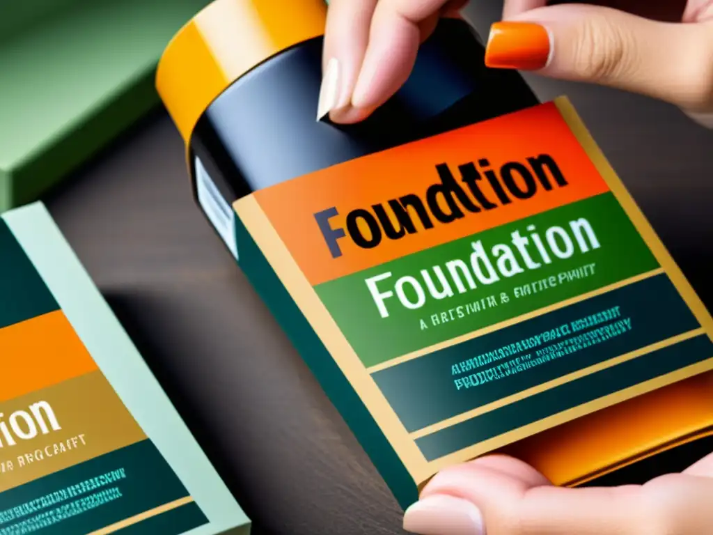 Detalle de la aplicación artesanal de etiqueta para productos de fundaciones, destacando la precisión y la artesanía en los empaques