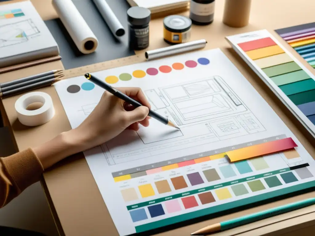 Diseñador experto creando meticulosos empaques para productos de fundaciones, rodeado de herramientas y materiales de diseño