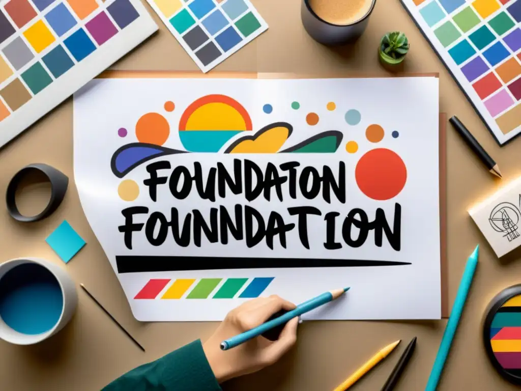 Un diseñador gráfico apasionado crea bocetos para un logo de fundación, rodeado de herramientas de diseño y materiales inspiradores
