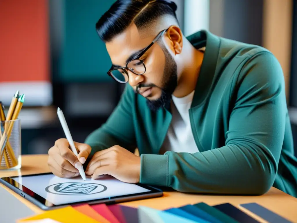 Un diseñador gráfico crea meticulosamente un concepto de logotipo en una tableta, rodeado de herramientas creativas y referencias de diseño