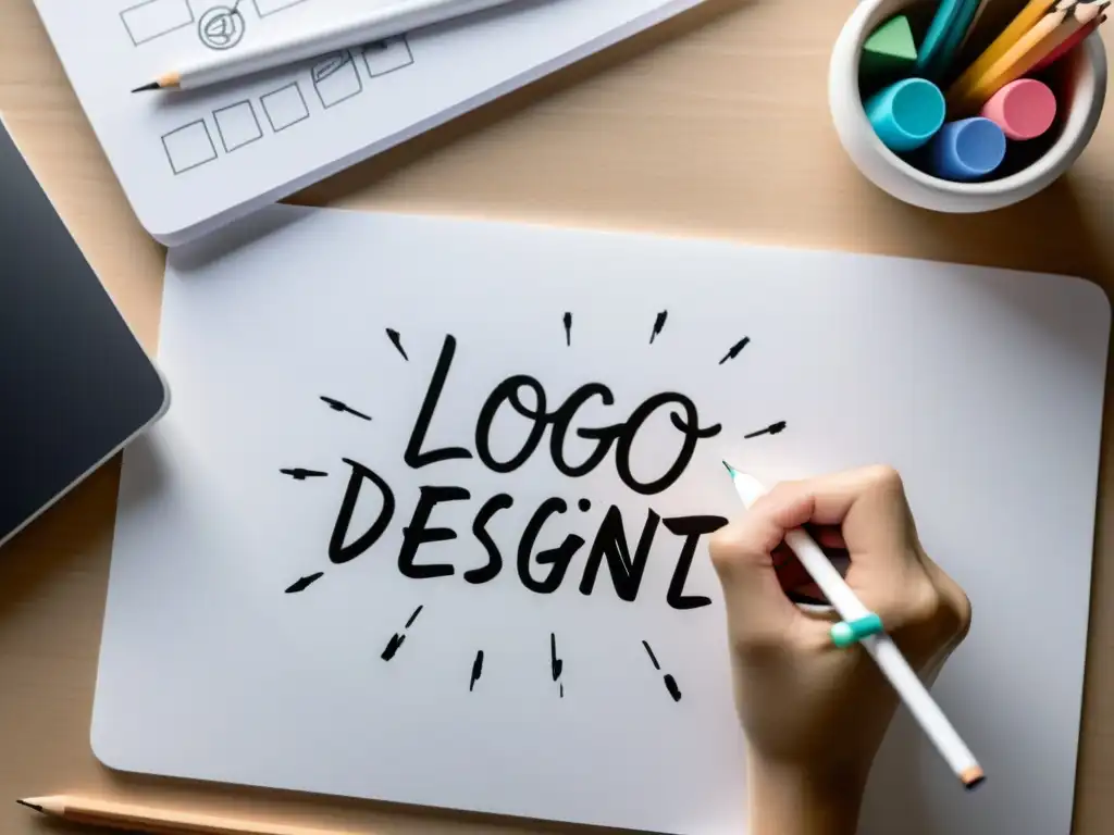 Un diseñador gráfico esboza conceptos de logo en un bloc de dibujo blanco, con lápices y herramientas de diseño dispersas