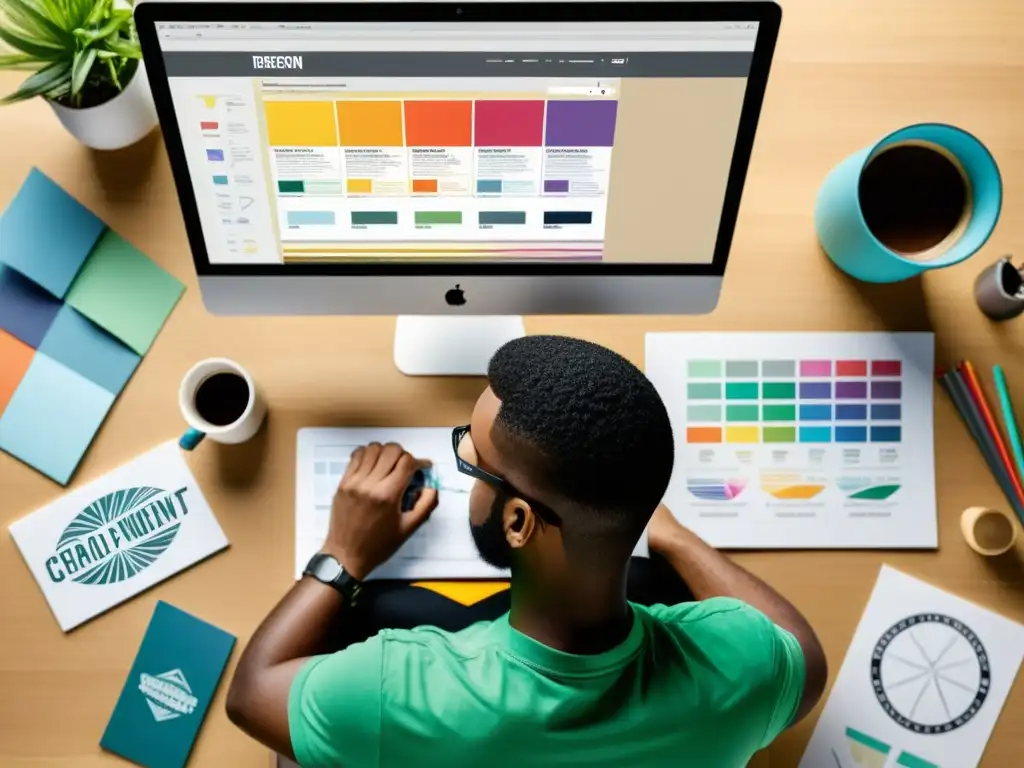 Un diseñador gráfico trabaja en la creación de un logo memorable para una fundación, rodeado de bocetos y herramientas de diseño