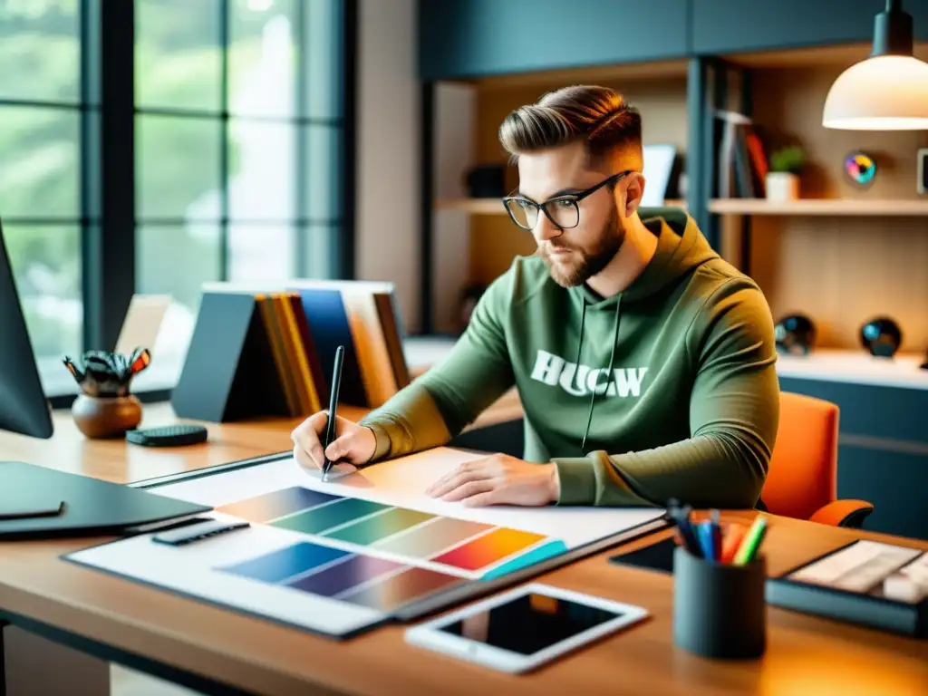 Un diseñador gráfico habilidoso trabaja con determinación en un logo para una fundación, rodeado de herramientas y un ambiente sereno