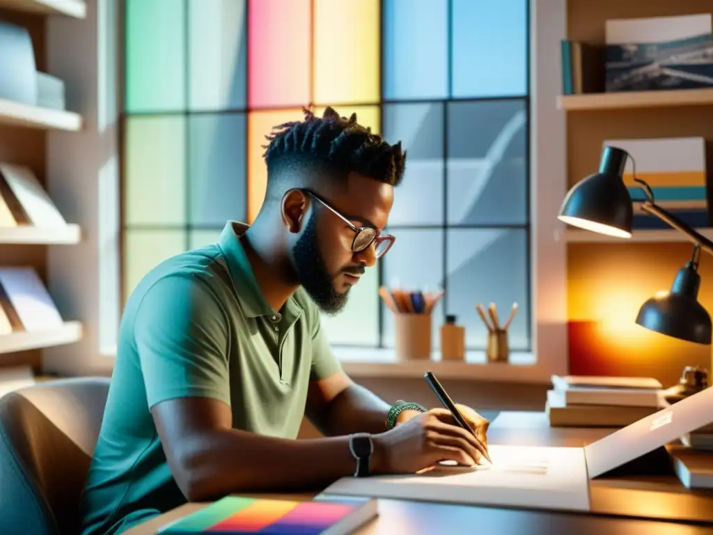 Un diseñador gráfico crea un logo memorable para una fundación, rodeado de bocetos, paletas de colores y libros de diseño