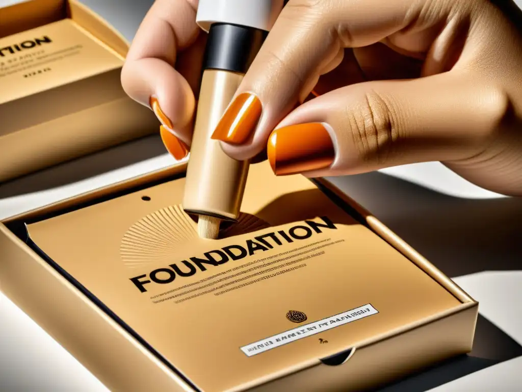 Diseñador ajustando con precisión el empaque de fundaciones, con dedicación y profesionalismo