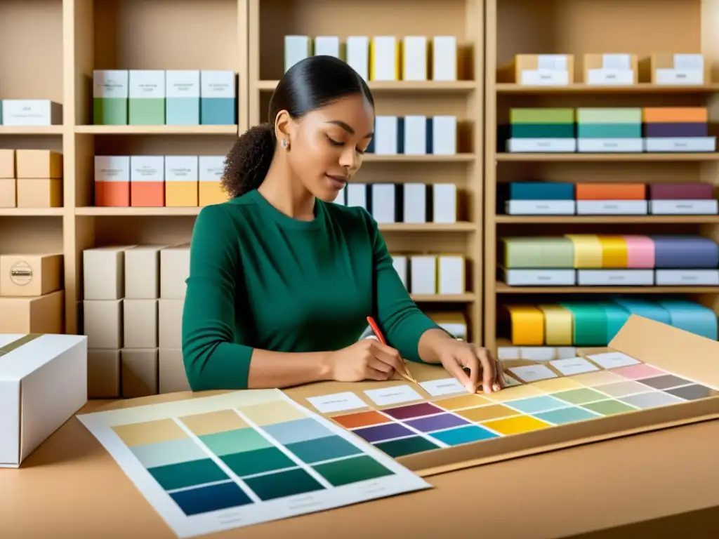 Diseñadores de empaques para productos de fundaciones revisando meticulosamente prototipos de etiquetas en un estudio lleno de luz natural