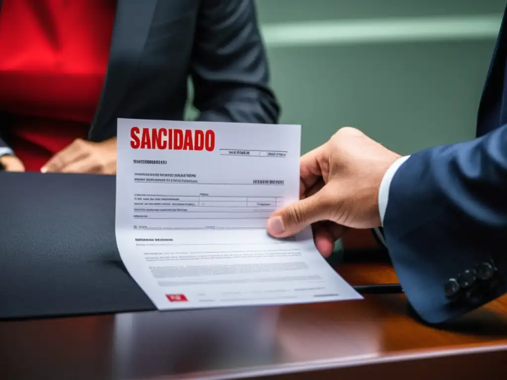 Sancionado: Documentos legales sellados con seriedad Documentos legales siendo sellados con 'sancionado' en letras rojas, mientras un oficial supervisa en una atmósfera legal seria