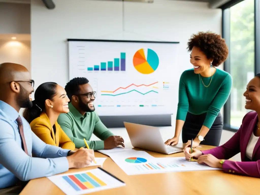 Empleados sonrientes en ONG colaborativa, intercambiando ideas en una oficina moderna y espaciosa