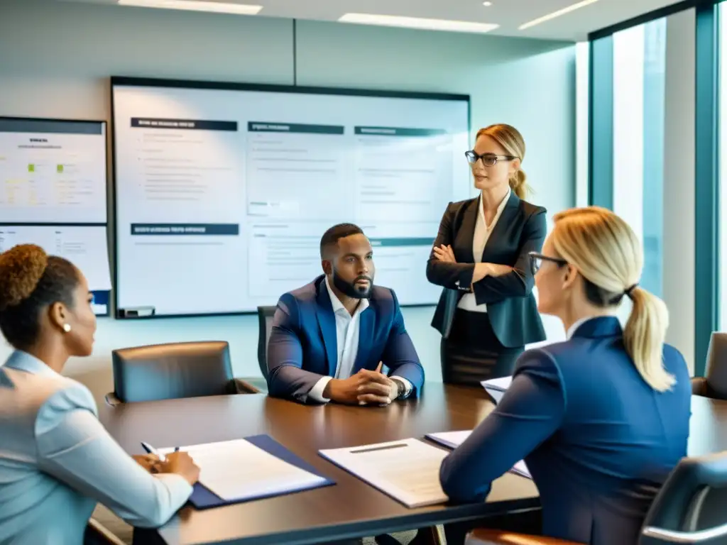 Abogados expertos en reunión estratégica Equipo de abogados en oficina moderna, debatiendo estrategias legales