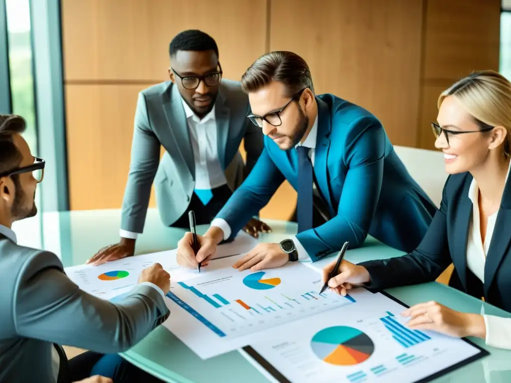 Equipo analizando datos para ONG Un equipo de analistas de datos y profesionales de marketing se reúnen en una mesa grande, examinando gráficos y reportes de ventas