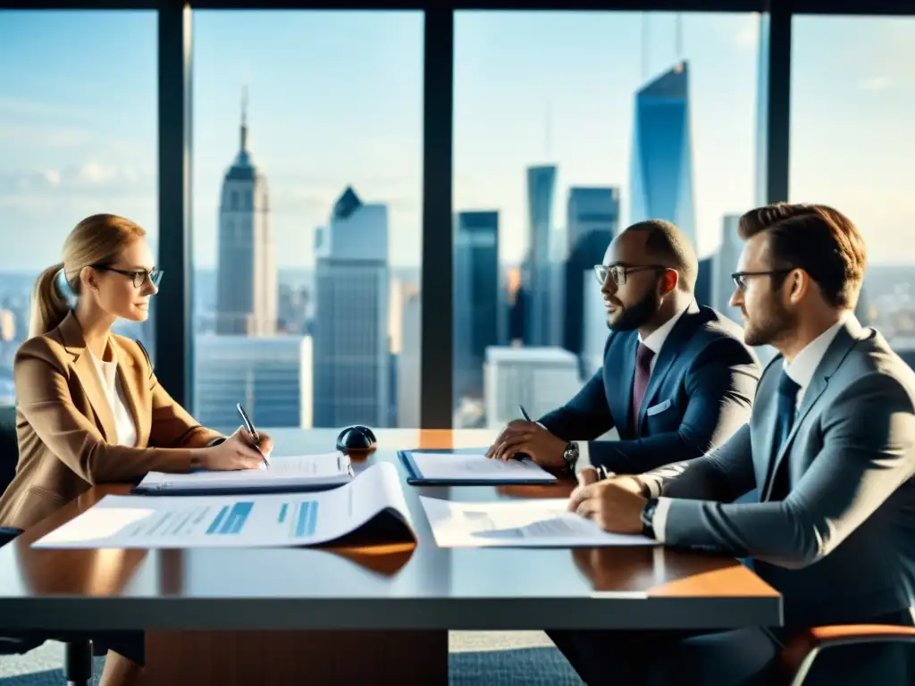 Equipo de asesores fiscales y contables analizando documentos financieros en una oficina moderna con vista a la ciudad