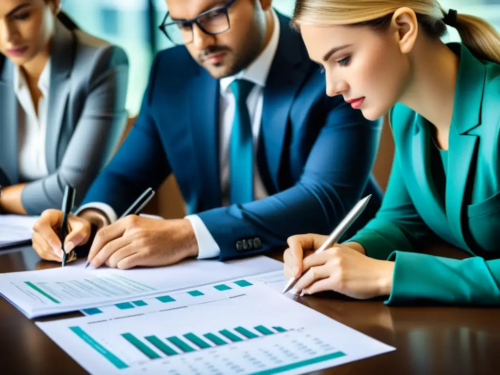 Equipo de auditores expertos revisando documentos financieros con precisión Equipo de auditores revisando documentos financieros en una oficina profesional
