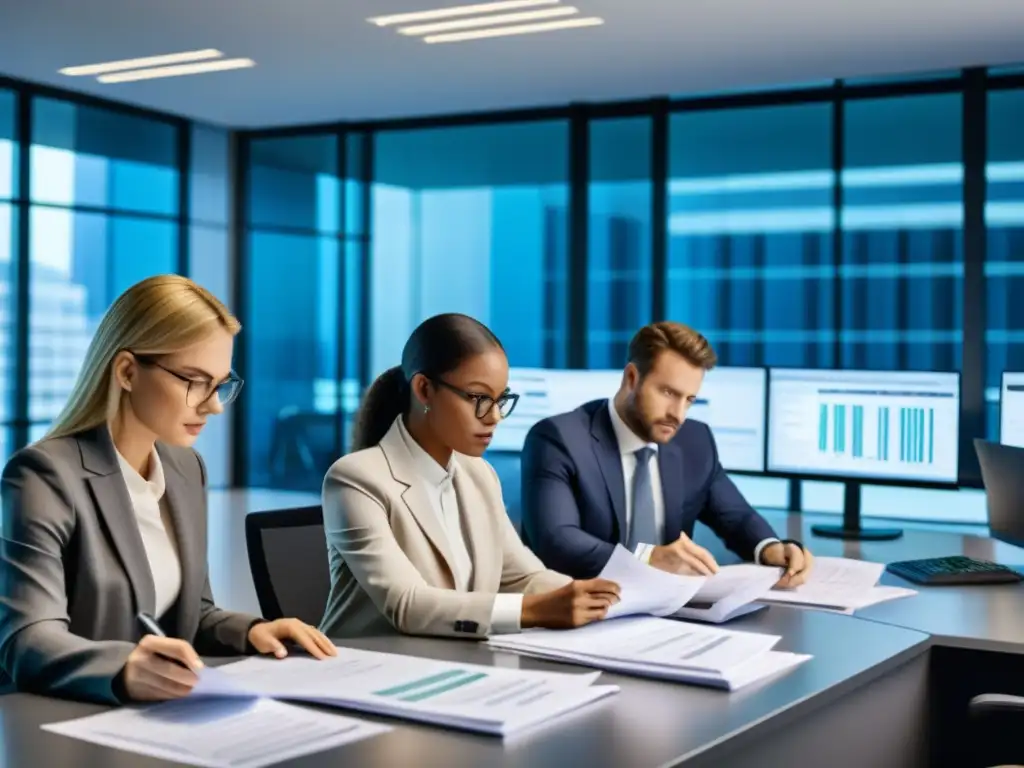 Examen detallado de documentos financieros en equipo Equipo de auditores revisando minuciosamente documentos financieros en una oficina moderna y bien iluminada