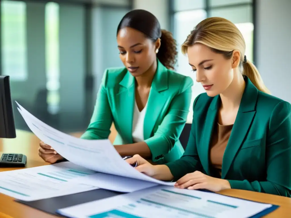 Examen minucioso de documentos financieros por profesionales Un equipo de auditores profesionales revisa minuciosamente documentos financieros en una oficina de fundación