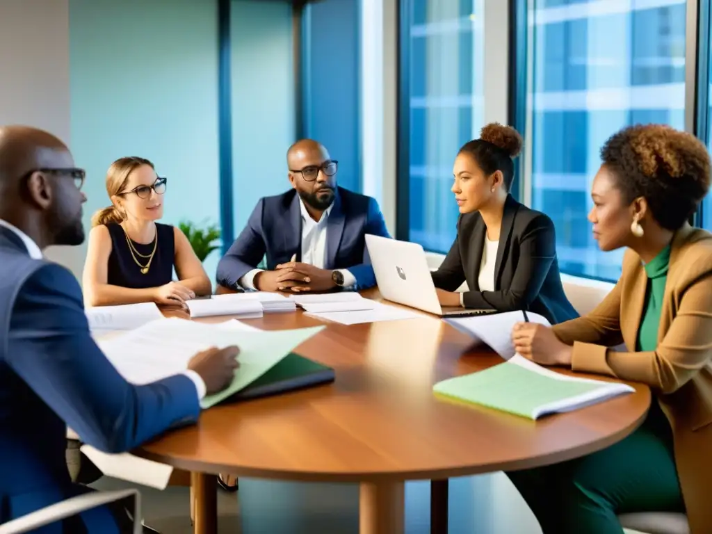 Consultores colaborando con ONG: asesoramiento experto Un equipo de consultores se reúne con un equipo directivo de una ONG, rodeados de papeles, laptops y tazas de café