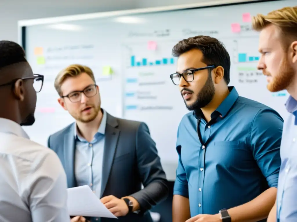 Equipo de desarrolladores de software en plena colaboración Un equipo de desarrolladores de software colabora intensamente frente a un pizarrón, diseñando un software a medida para ONG