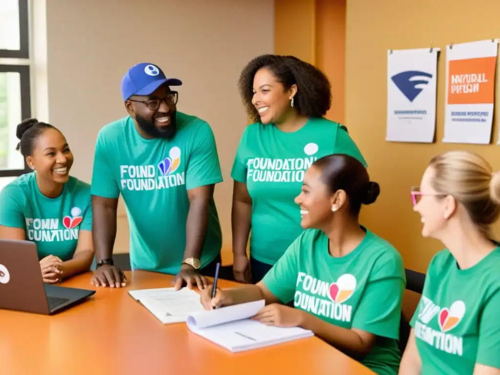 Un equipo diverso y dedicado de voluntarios discute estrategias de fidelización en una habitación luminosa decorada con proyectos de la fundación