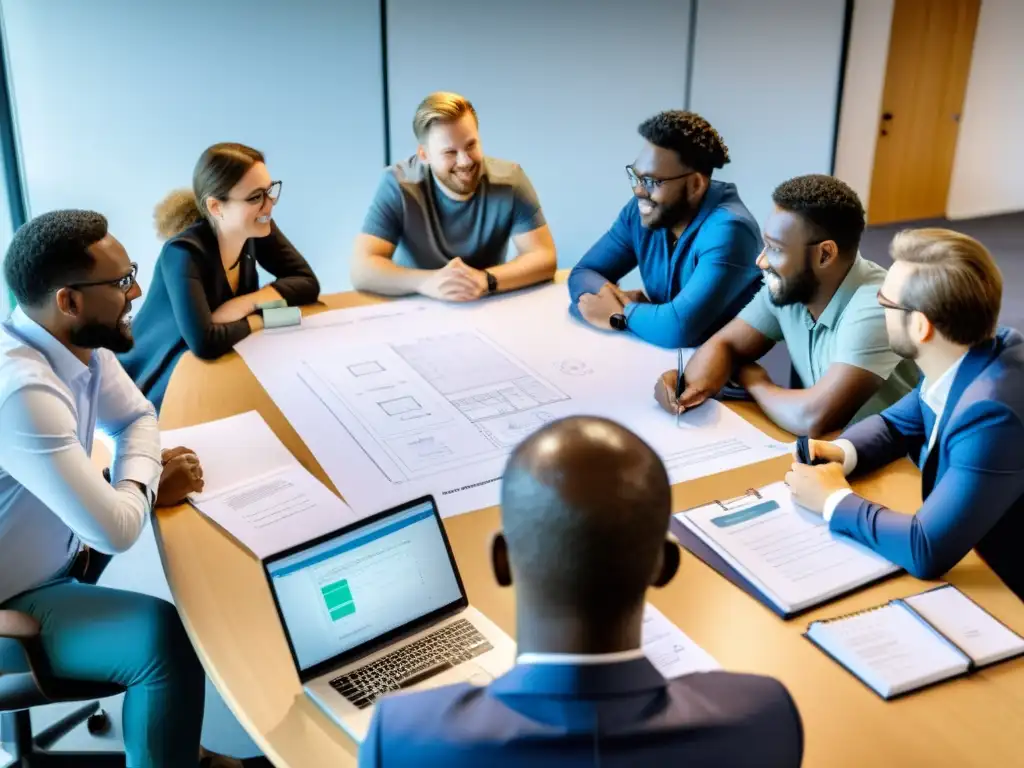 Equipo de desarrolladores de software y ONGs personalizando soluciones Un equipo diverso de desarrolladores de software y miembros de ONG discuten y colaboran en la adaptación de software a medida para la organización