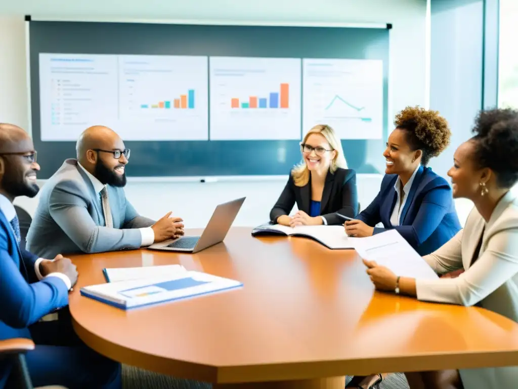 Equipo diverso colabora en estrategias de financiación para ONGs, con determinación en sala luminosa