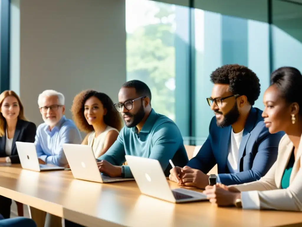 Un equipo diverso colabora en la nube, compartiendo ideas y trabajando con herramientas colaborativas en la nube para optimizar su productividad