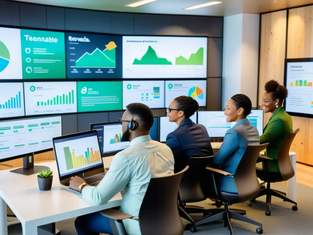 Equipo innovador en oficina moderna enfocado en desarrollo sostenible Equipo diverso en oficina moderna, colaborando en sostenibilidad y tecnología