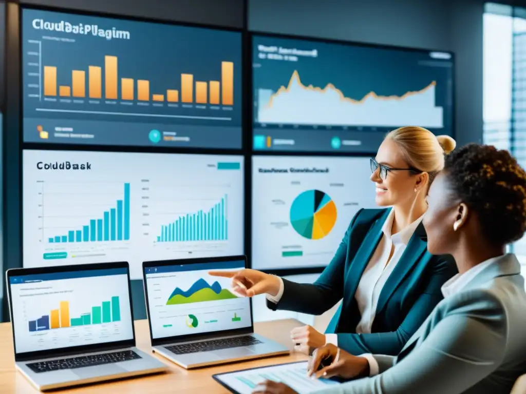Un equipo diverso de profesionales colabora en una plataforma en la nube, con gráficos y datos en pantallas de fondo