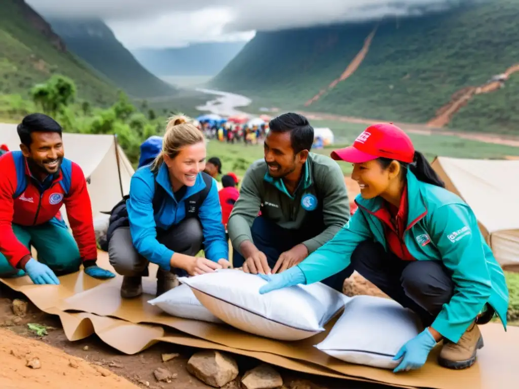 Un equipo diverso de trabajadores humanitarios colaborando en la distribución de ayuda en una zona remota