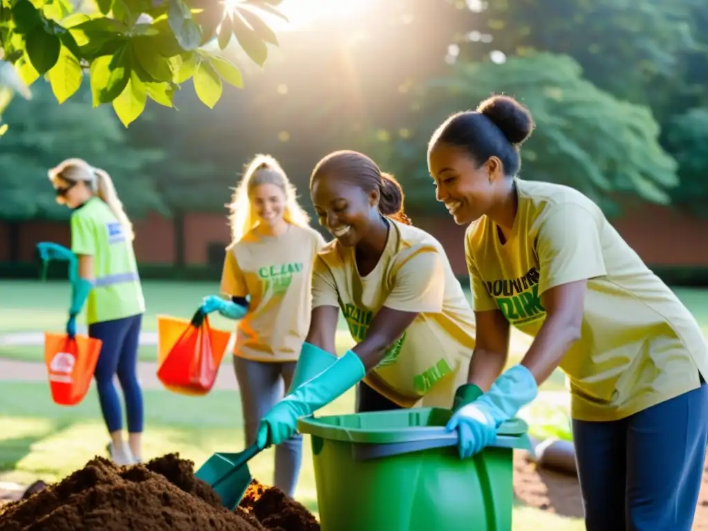 Un equipo diverso de voluntarios y personal de la fundación limpia un parque local