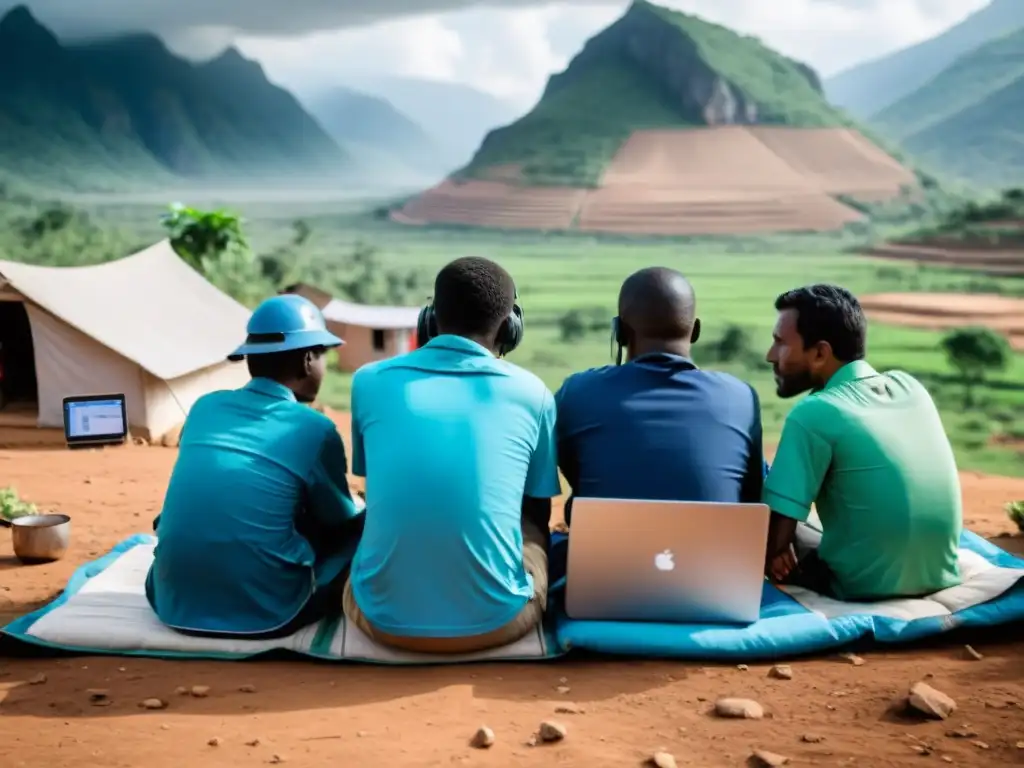 Coordinación Humanitaria: Vigilancia en Tiempo Real en Aldea Remota Equipo humanitario en una aldea remota usando sistema de vigilancia y reporte en tiempo real para coordinar ayuda y defender derechos humanos