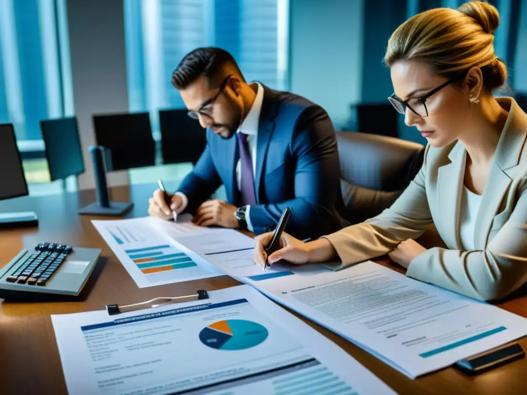 Un equipo de investigadores financieros examina minuciosamente documentos y analiza registros financieros en una oficina moderna y bien iluminada
