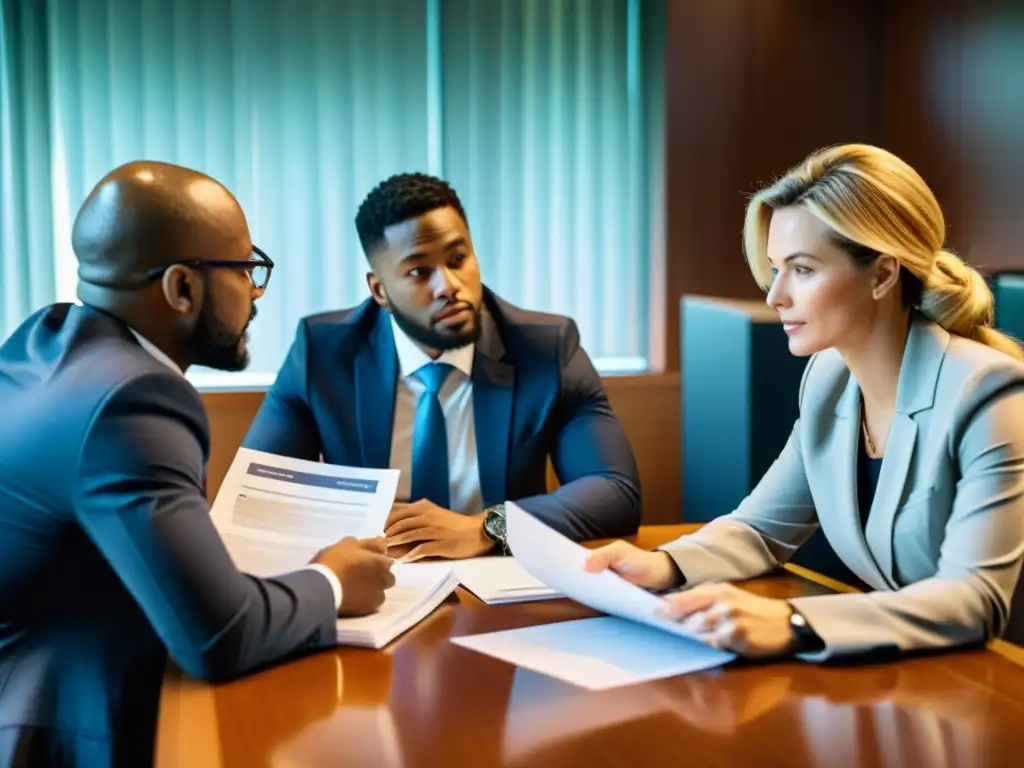 Profesionales legales comprometidos en la conformidad Un equipo legal serio discute estrategias de cumplimiento legal para fundaciones en una sala bañada por luz natural