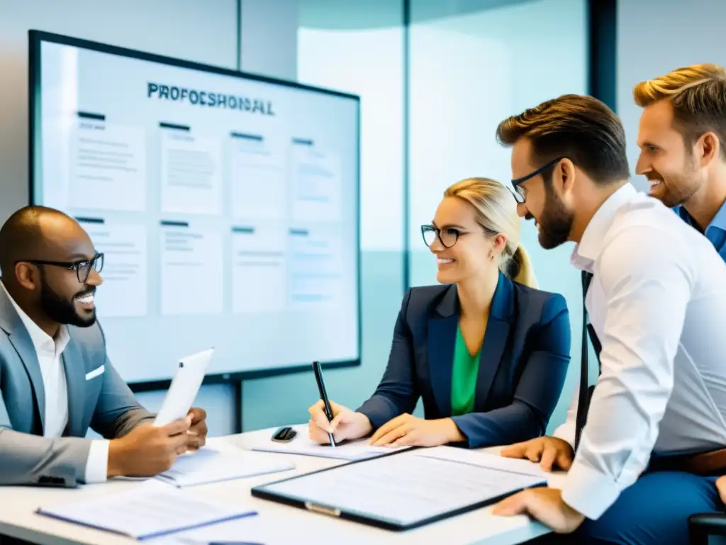 Un equipo de marketing profesional personaliza propuestas de patrocinio para diversas industrias, en un ambiente colaborativo y enfocado