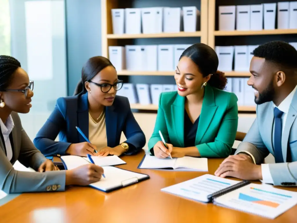Equipo de ONGs analiza estrategias para captación de fondos, en una atmósfera profesional y dedicada