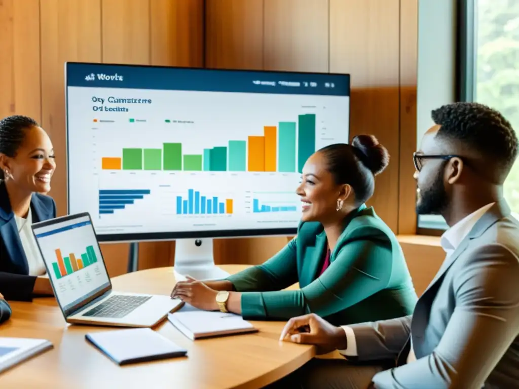 Equipo de ONGs analiza gráficos en pantalla, mientras colaboran en estrategia de Inversión en software especializado para ONGs