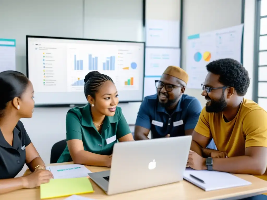 Equipo de ONGs colaborando en proyecto con determinación, enfocados en datos y estrategias