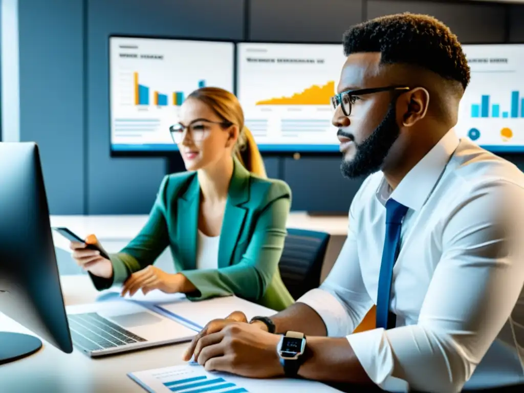 Un equipo de profesionales analiza datos y discute el ROI de la personalización de merchandising para fundaciones en una oficina moderna y bien iluminada, enfocados y colaborativos