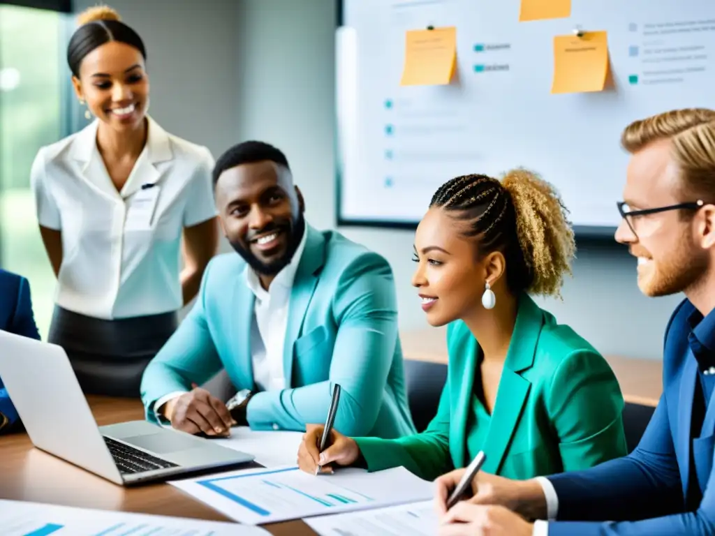 Equipo de profesionales de la salud personalizando propuestas de patrocinio en una sala moderna y luminosa
