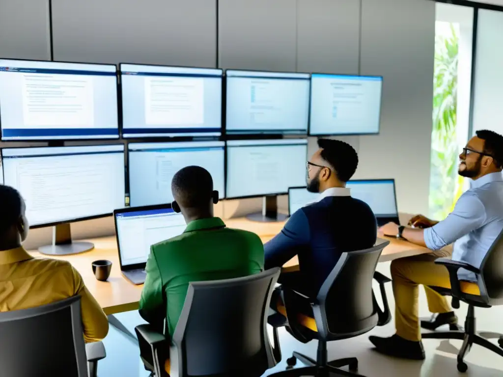 Equipo de ONG colaborando en solución software estándar Un equipo de trabajadores de ONG colaborando en un software a medida para ONG, con profesionalismo y dedicación, en una sala llena de luz natural