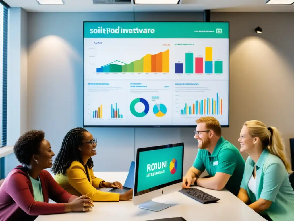 Equipo de voluntarios y trabajadores de ONGs sonrientes analizan inversión en software especializado, rodeados de luz natural y motivación