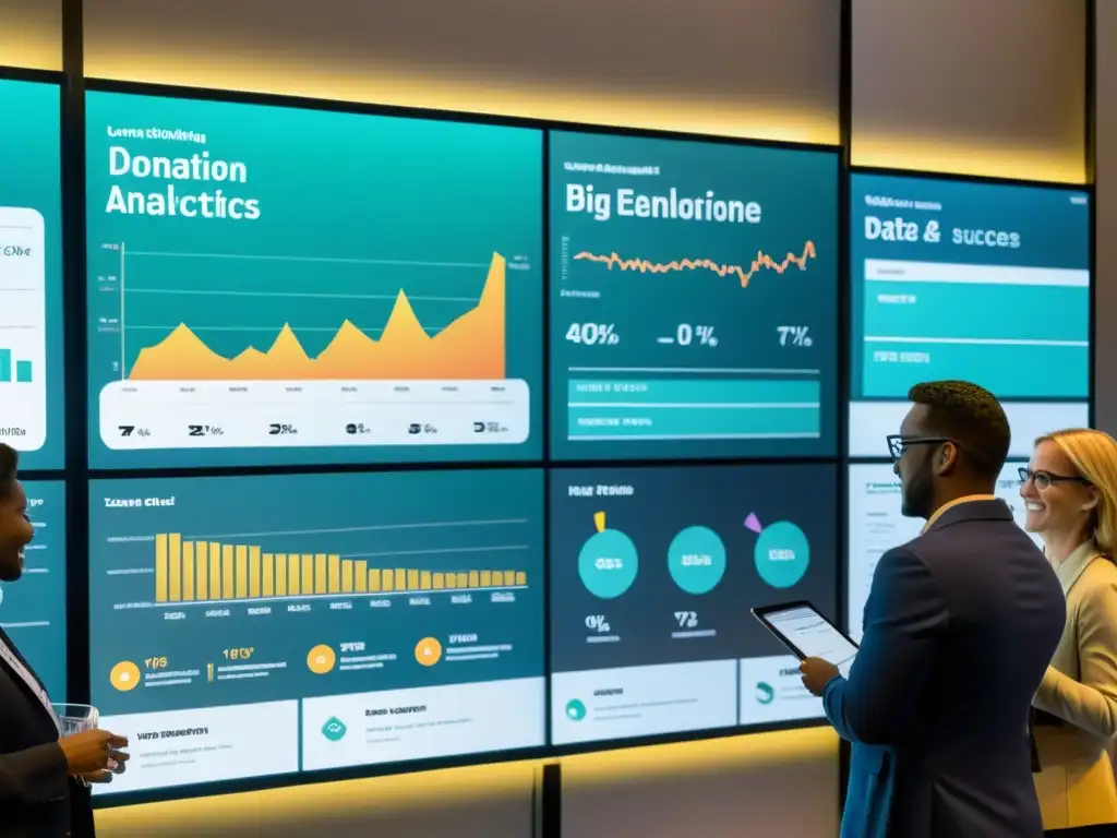 Escena vibrante de evento benéfico con visualización de datos interactiva y participación de voluntarios